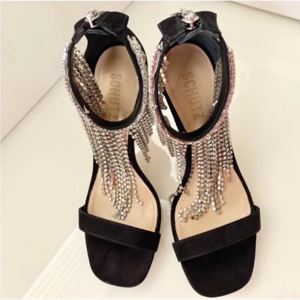 SCHUTZ Black Ankle Fringe Crystal Heels SZ 8.5